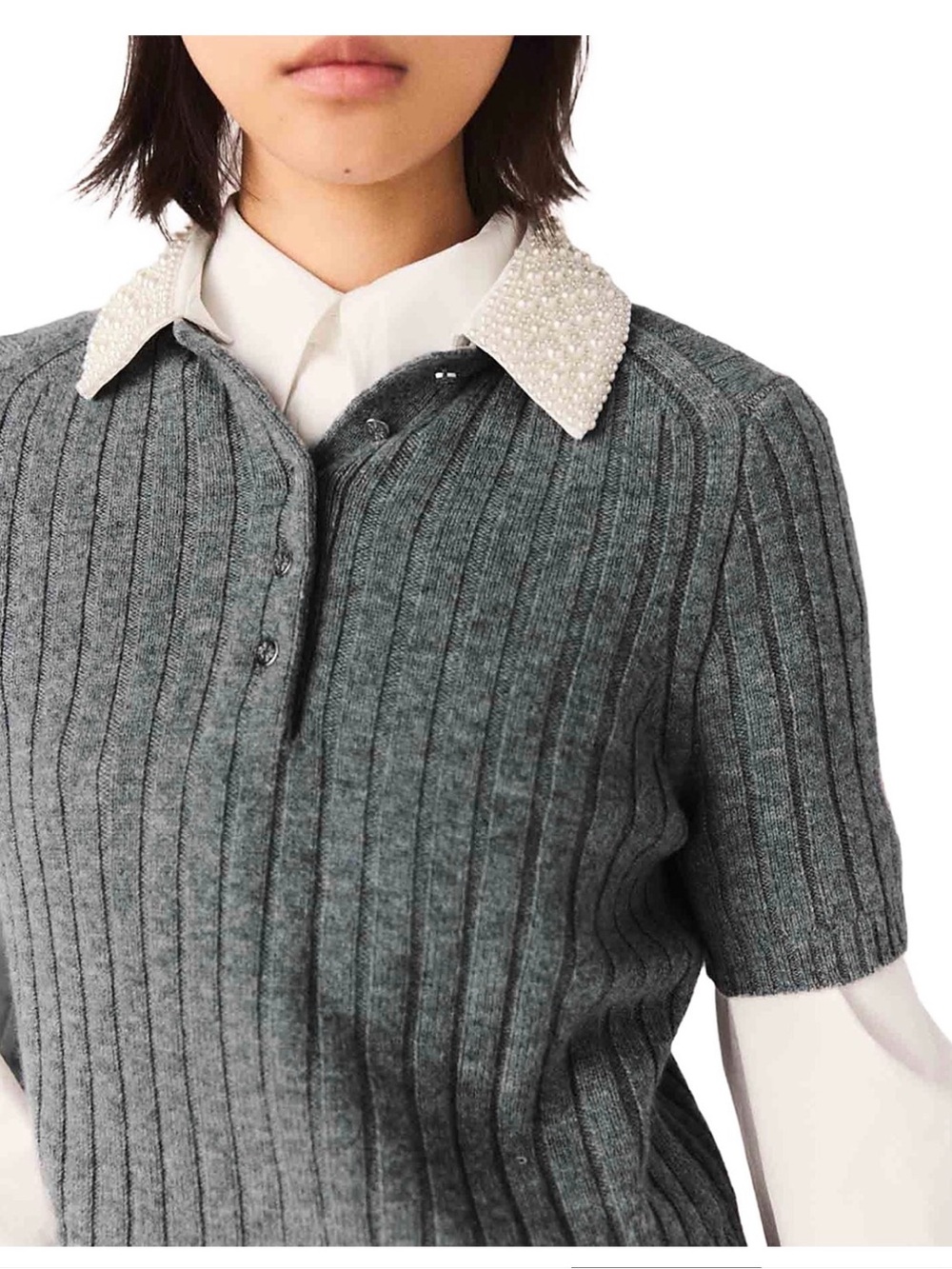 Maje Pearl Beaded Collar Ribbed Sweater - Picture 5 of 7